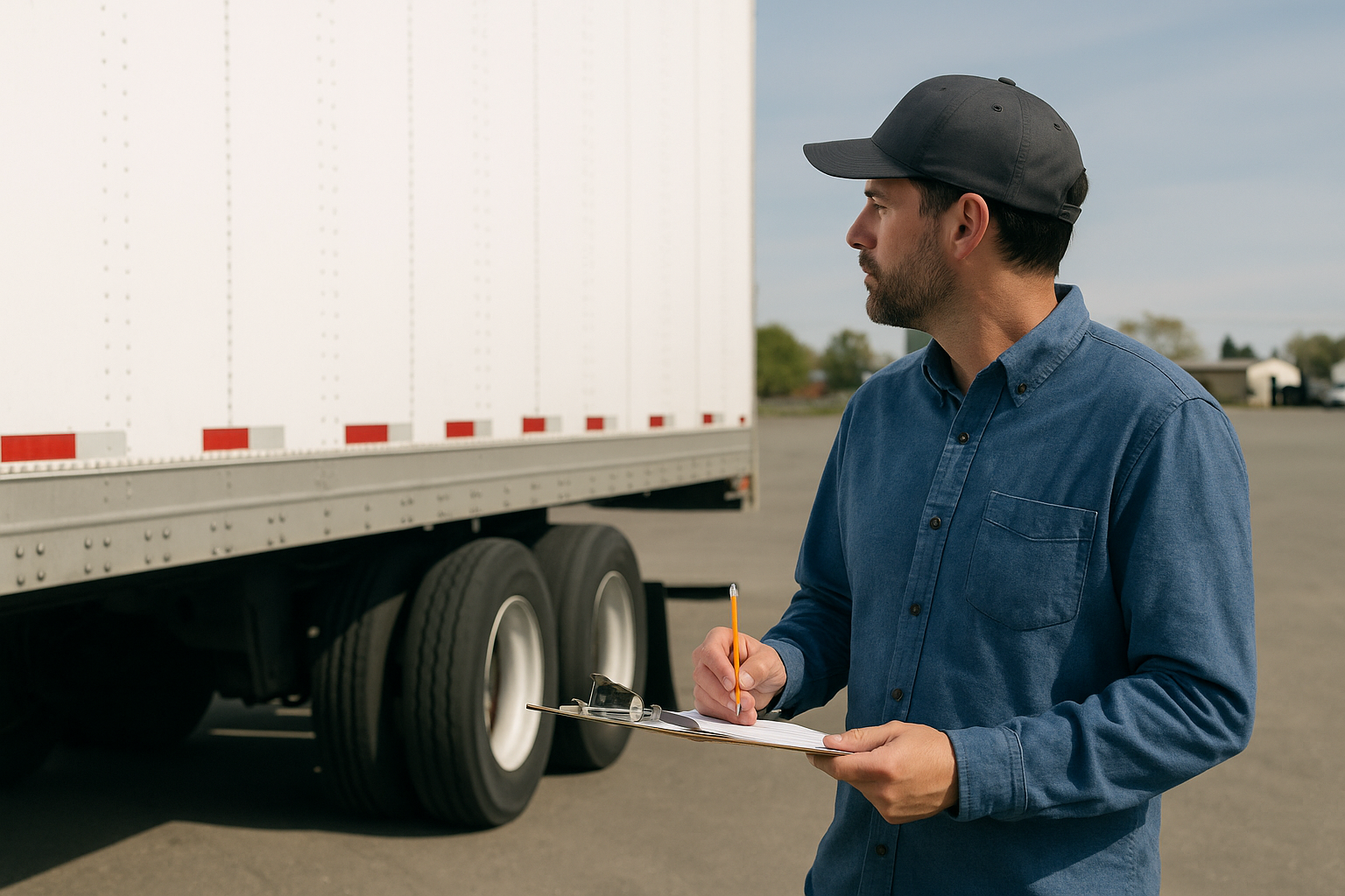 A worker going through a checklist for a Dry LTL truck